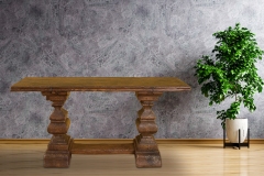 Dark empty room with plant in pot over concrete wall and wood floor background.